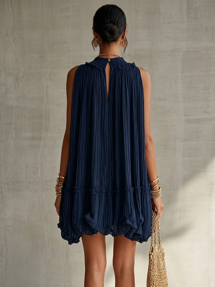 Vestido Corto De Volantes En Chiffon Con Cuello Halter Azul Marino