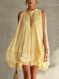 Vestido Corto de Volantes en Chiffon Amarillo con Escote Halter