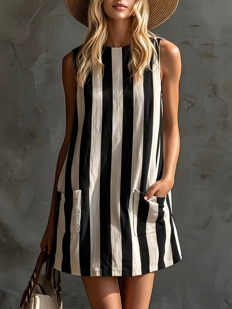 Vestido Corto Sin Mangas a Rayas con Cuello Redondo