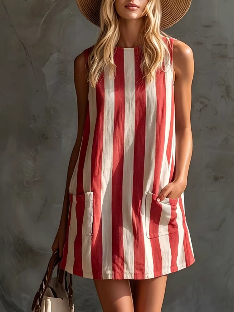 Vestido Corto Sin Mangas a Rayas con Cuello Redondo