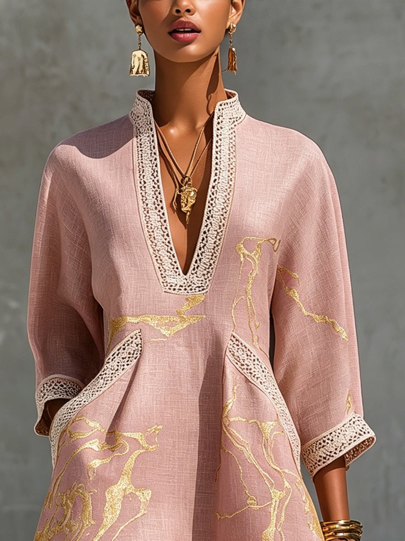 Vestido Corto en V con Oro Rosa Estampado