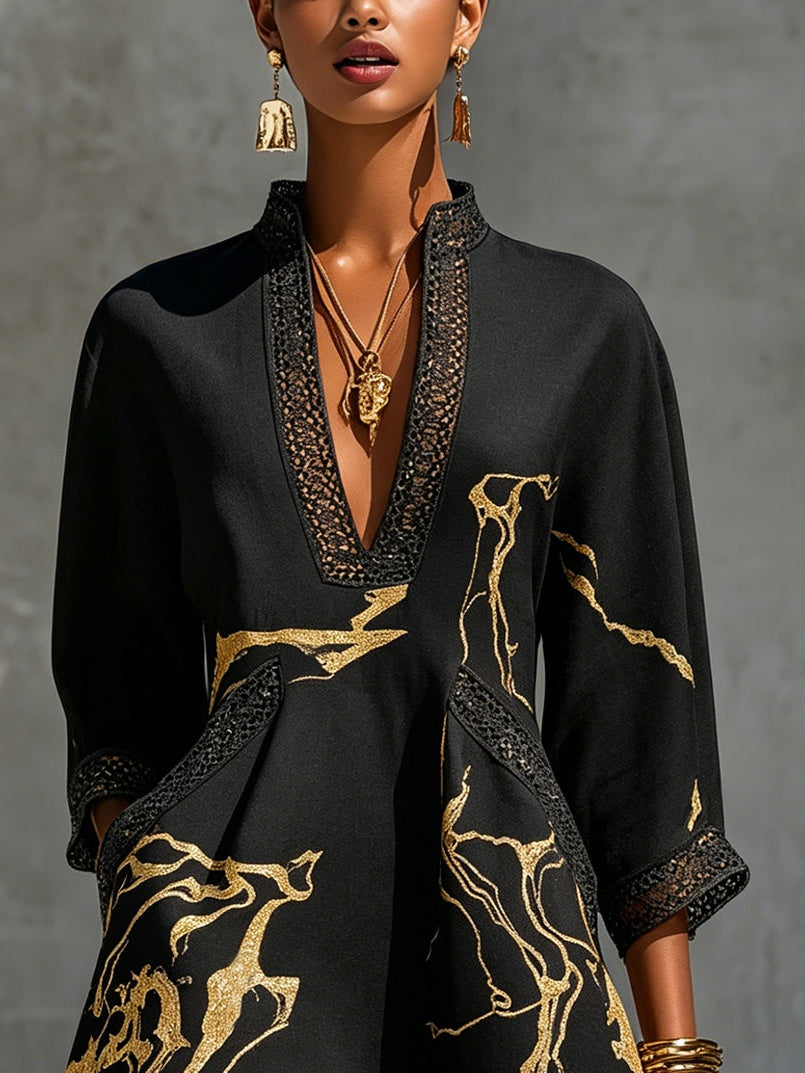 Vestido Corto en V impreso en Oro Negro