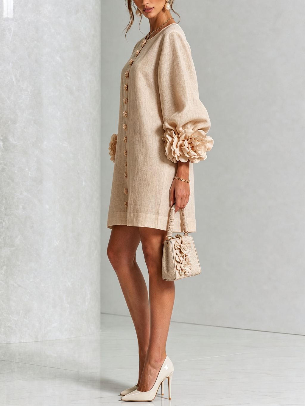 Vestido mini blanco con flores y mangas llamativas