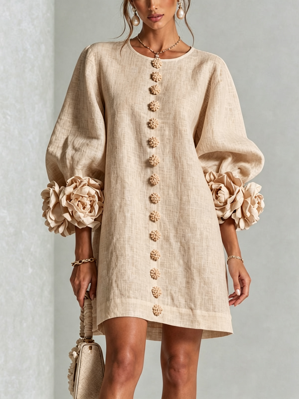 Vestido mini blanco con flores y mangas llamativas