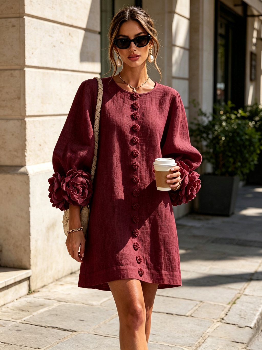 Vestido mini blanco con flores y mangas llamativas