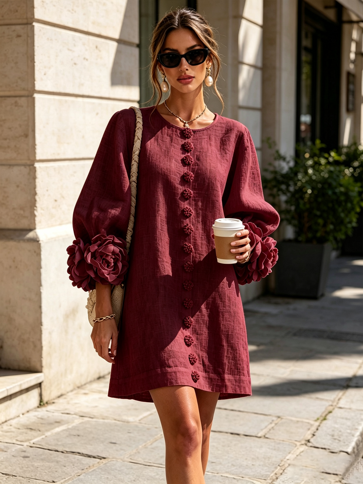 Vestido mini blanco con flores y mangas llamativas