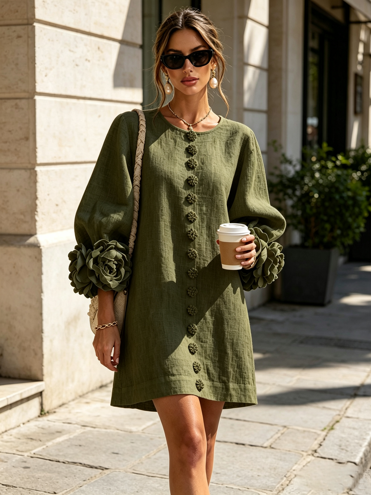 Vestido mini floral en verde oliva con puños florales