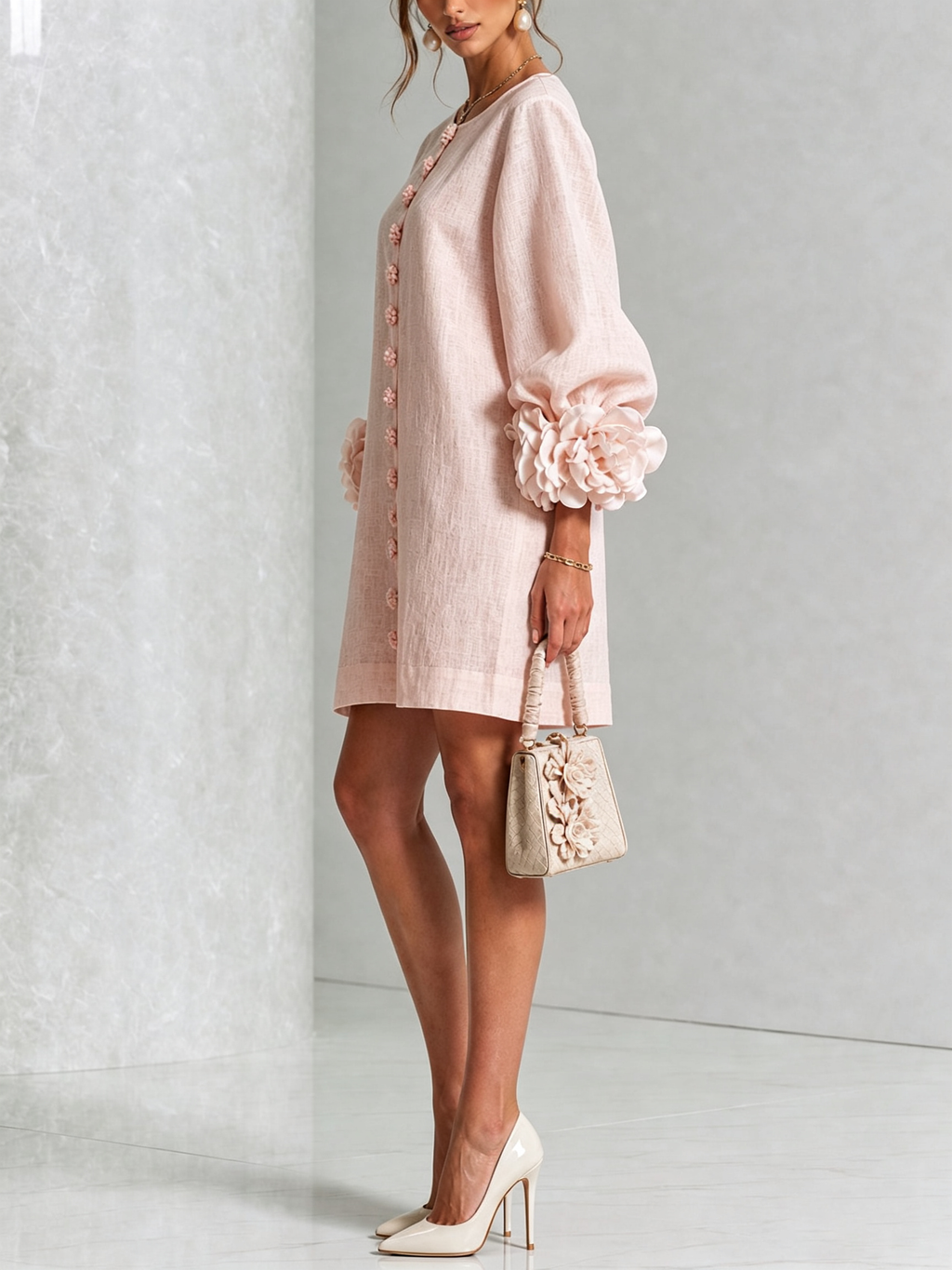 Vestido mini blanco con flores y mangas llamativas