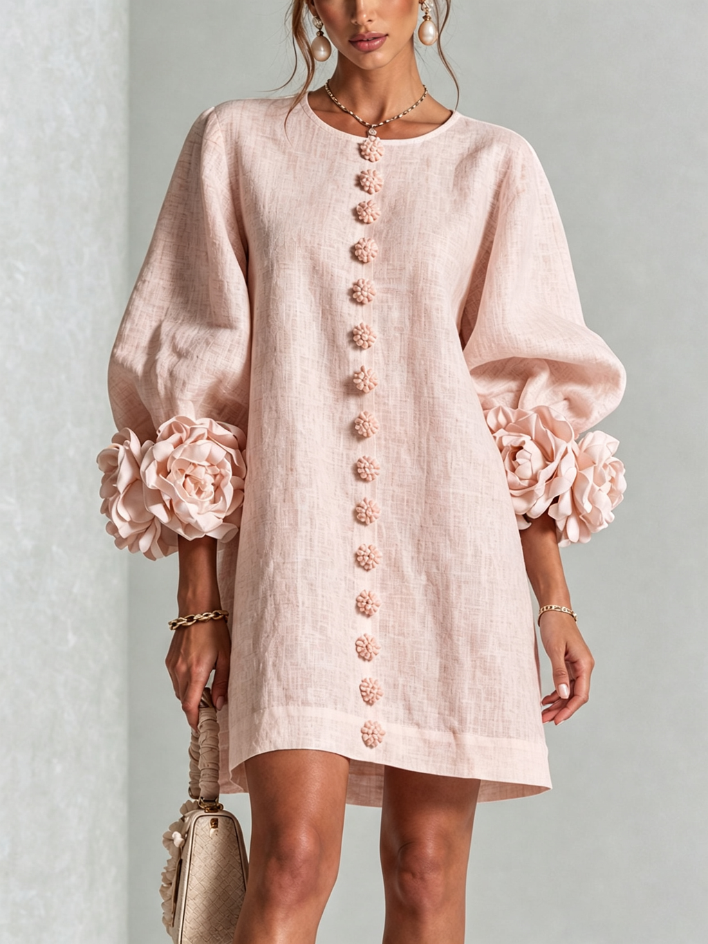 Vestido mini blanco con flores y mangas llamativas