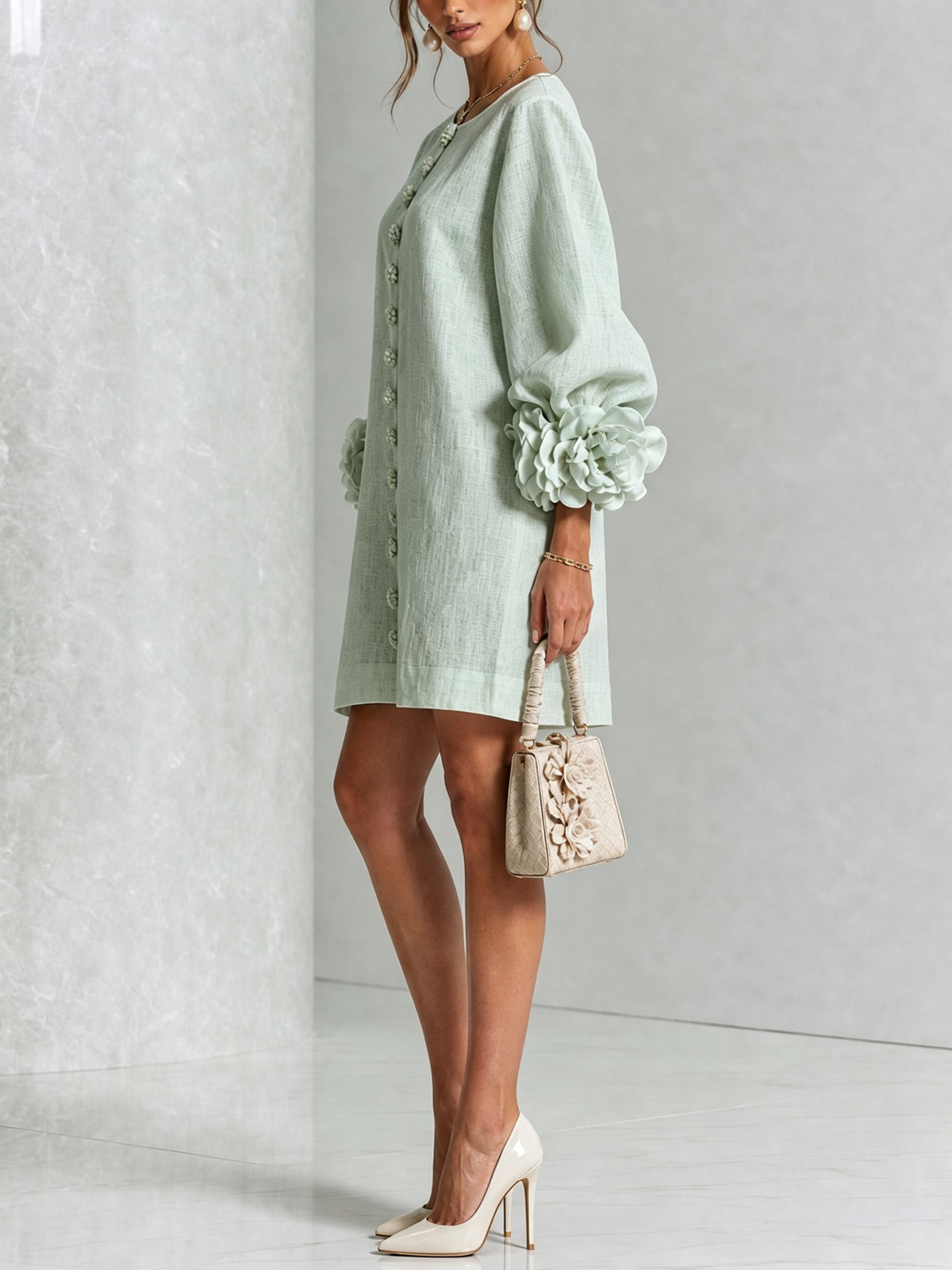 Vestido mini blanco con flores y mangas llamativas