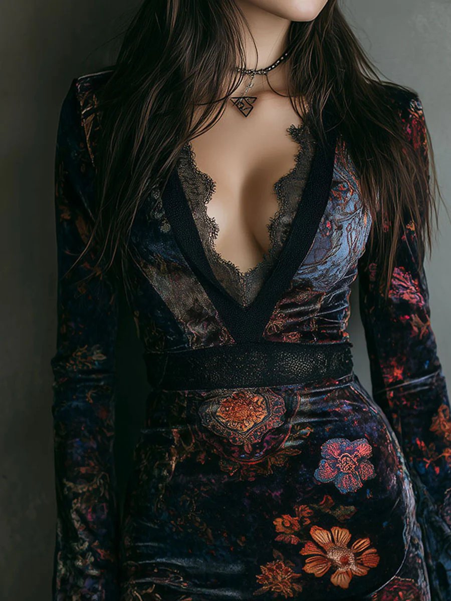 Vestido Corto de Terciopelo con Encaje y Estampado Floral