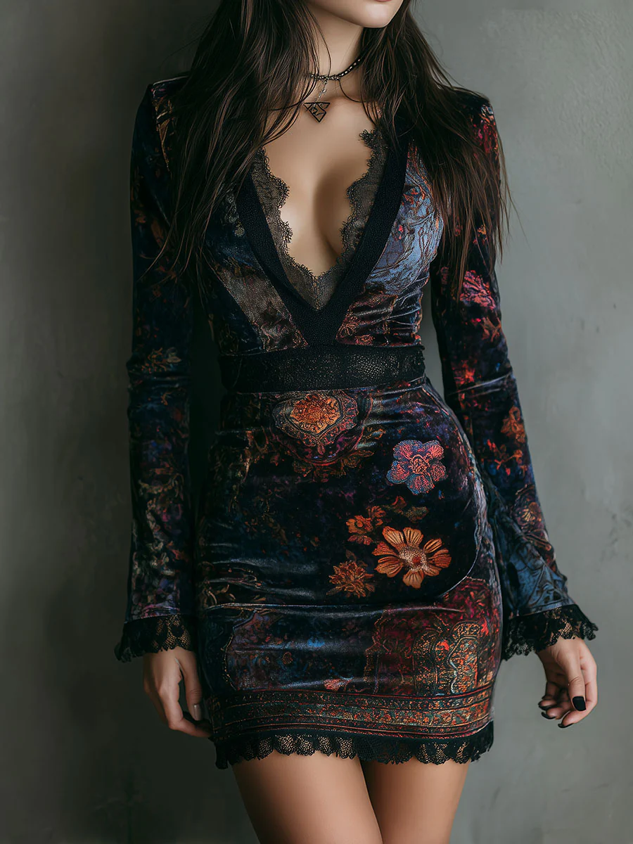 Vestido Corto de Terciopelo con Encaje y Estampado Floral