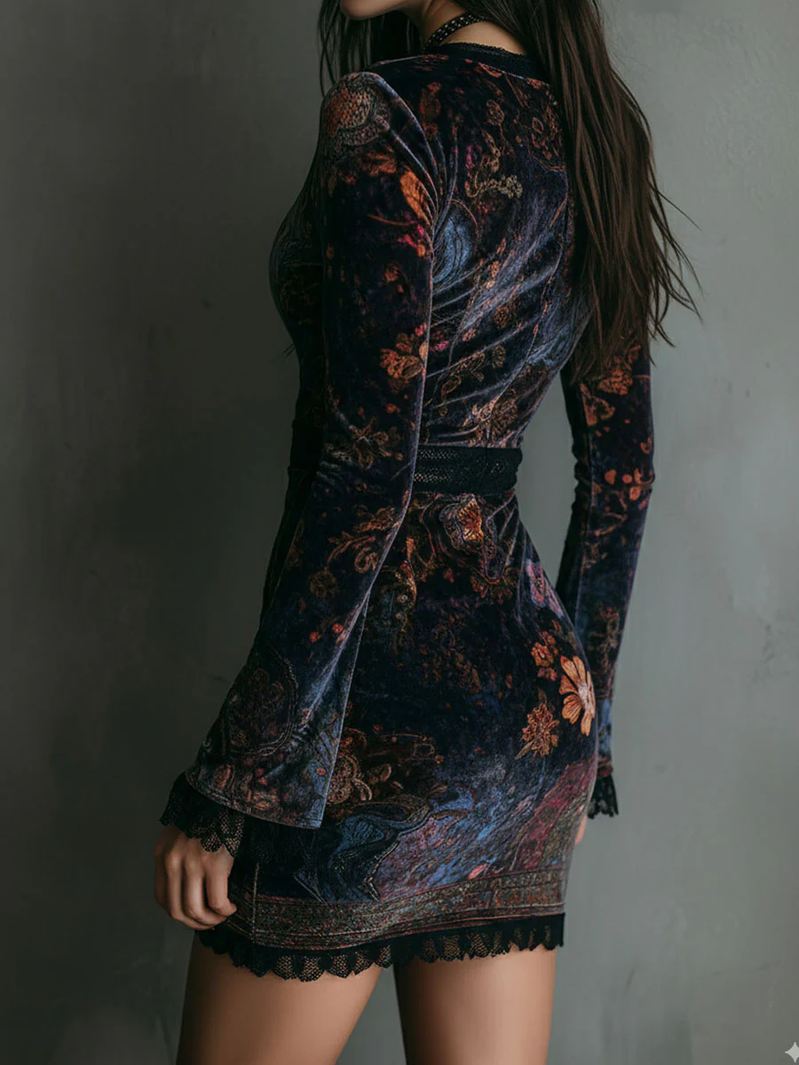 Vestido Corto de Terciopelo con Encaje y Estampado Floral