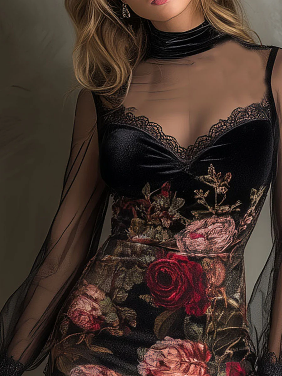 Vestido Corto con Estampado de Rosas y Encaje