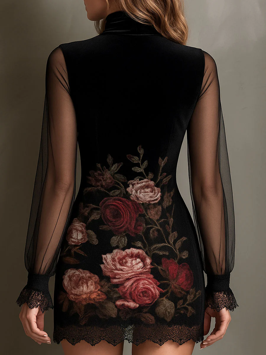 Vestido Corto con Estampado de Rosas y Encaje