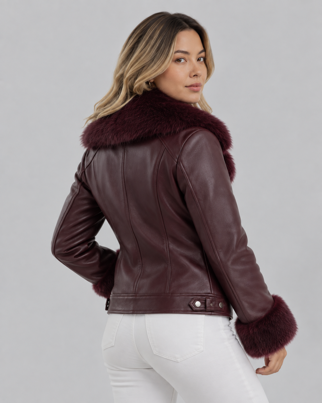 Chaqueta de cuero vintage con cuello de peluche