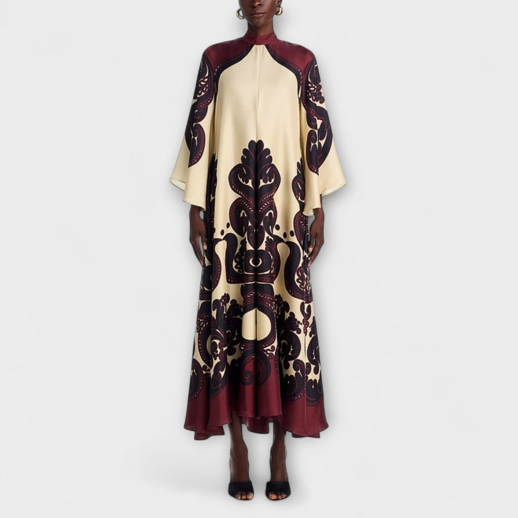 Lucy - Impresionantes vestidos maxi con estampado granate para un look elegante sin esfuerzo