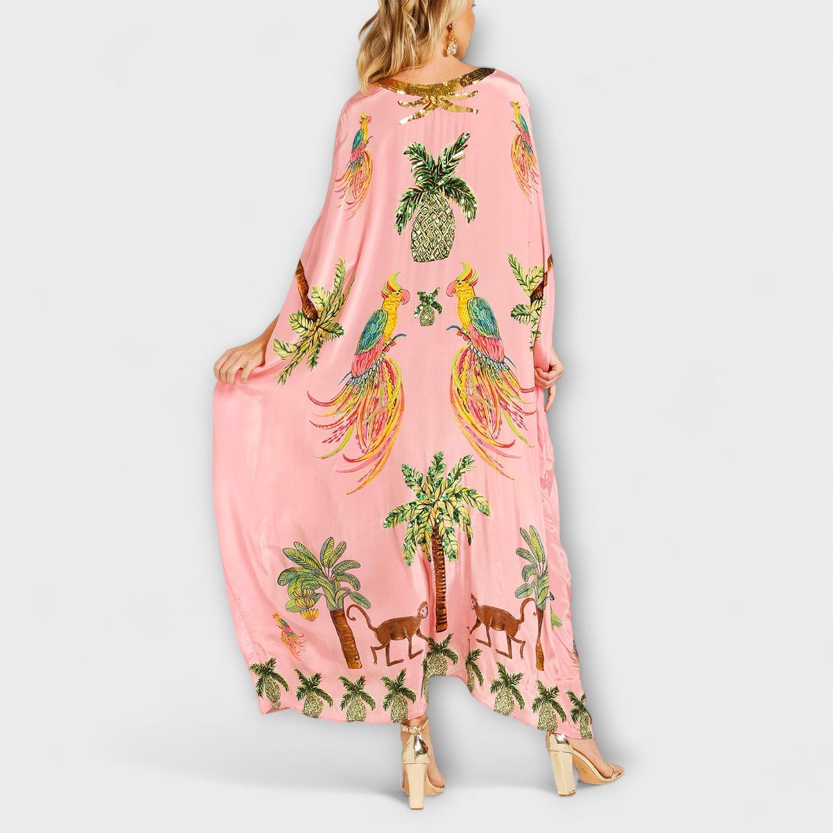 Linda - Vestido impresionante con tirantes asimétricos y estampado de palmeras