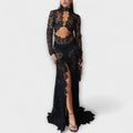 Azalea - Elegancia de Medianoche Vestido maxi de encaje transparente con manga larga y elastano