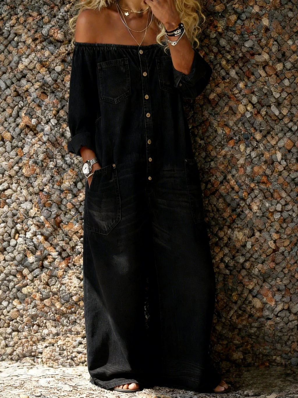 Noa™ | Mono de denim con escote de hombro descubierto