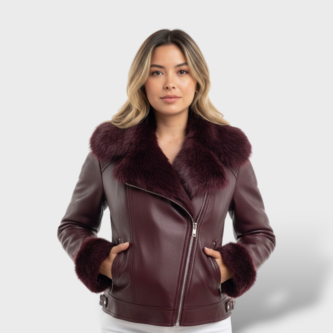 Chaqueta de cuero vintage con cuello de peluche