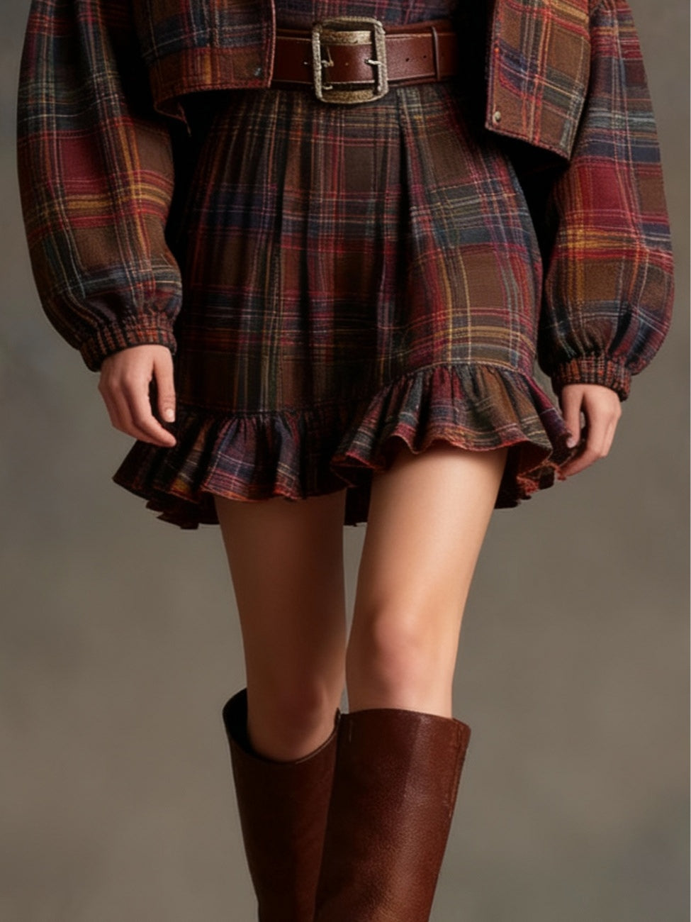 Vestido Corto Vintage a Cuadros con Rayas y Chaqueta Larga (Incluye cinturilla)