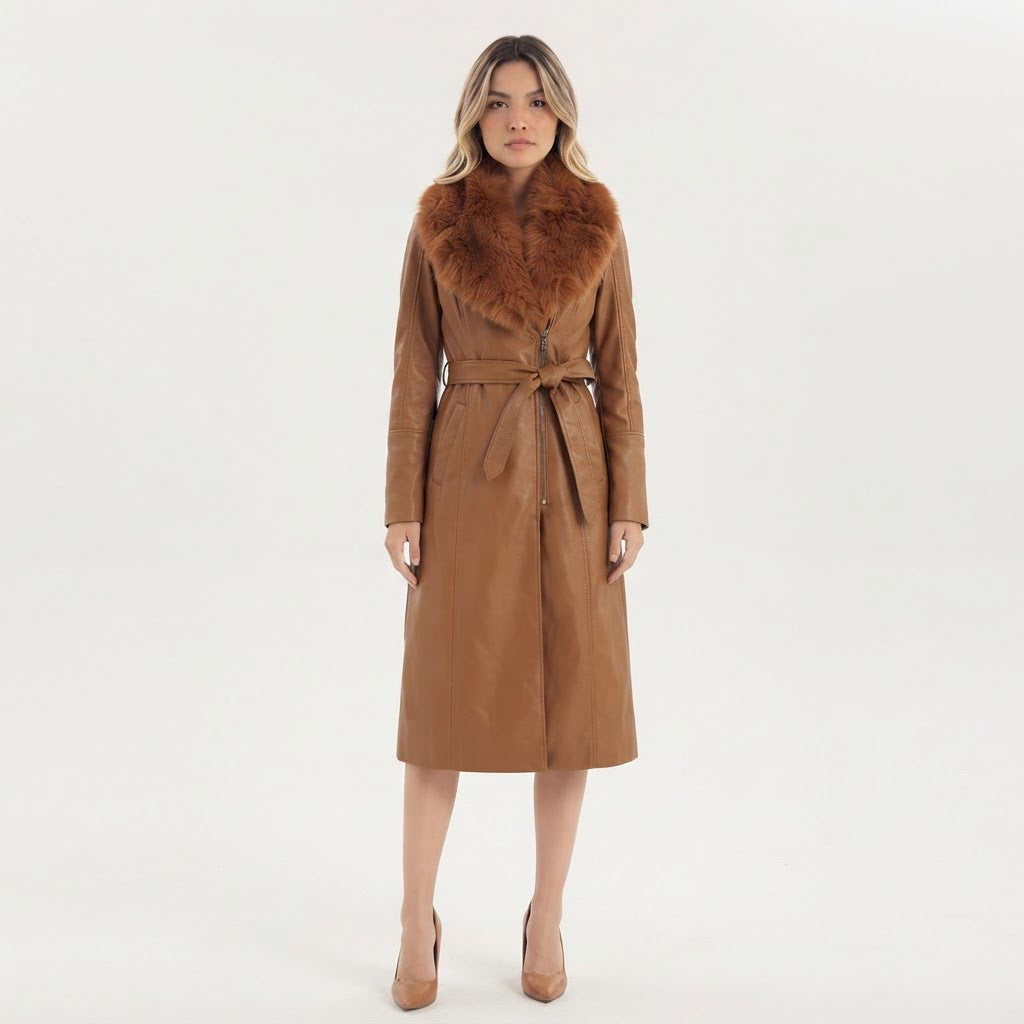 Chaqueta larga con cuello de piel