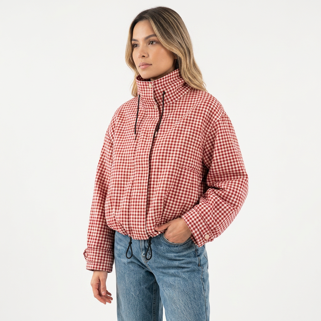 Chaqueta corta de cuadros con cremallera