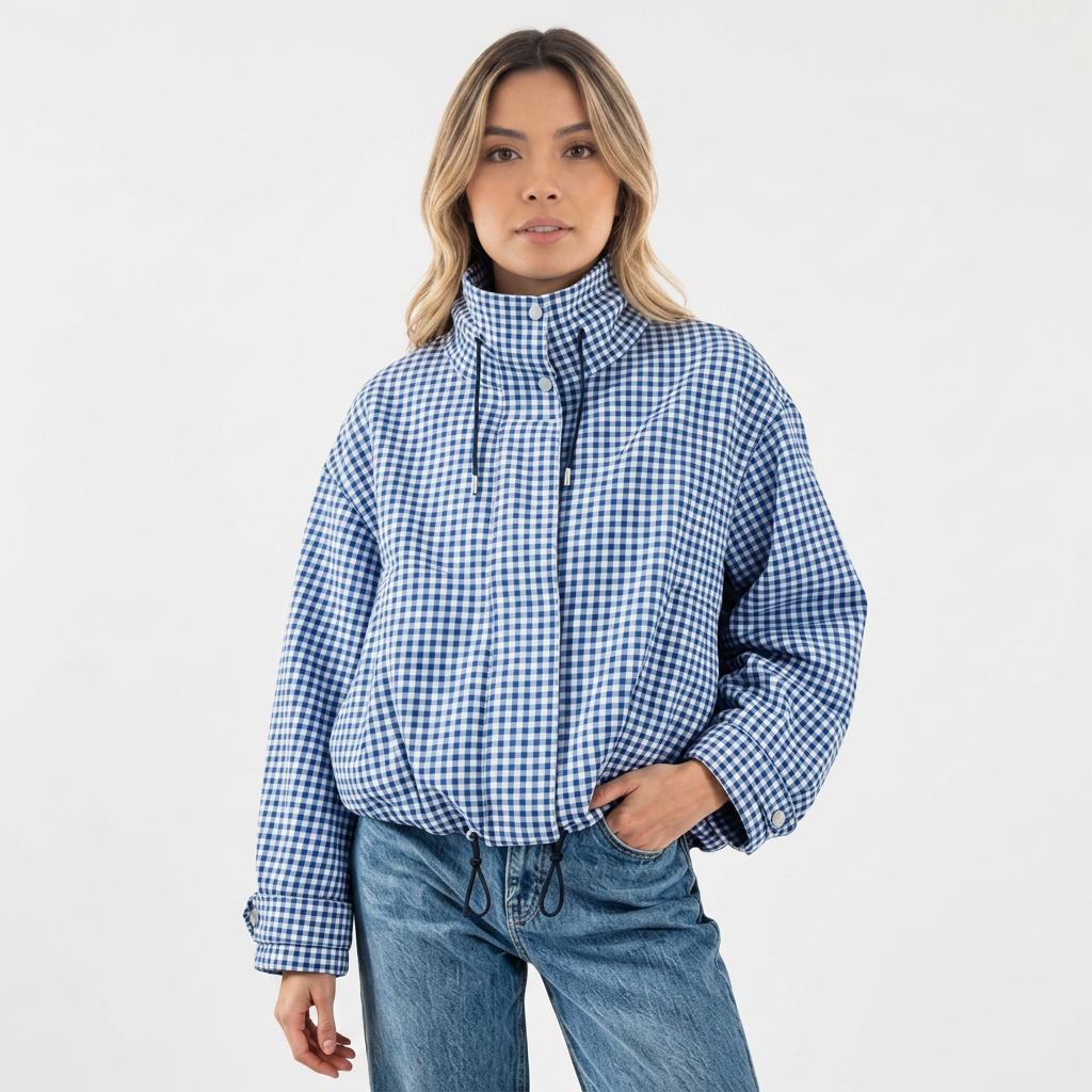 Chaqueta corta de cuadros con cremallera