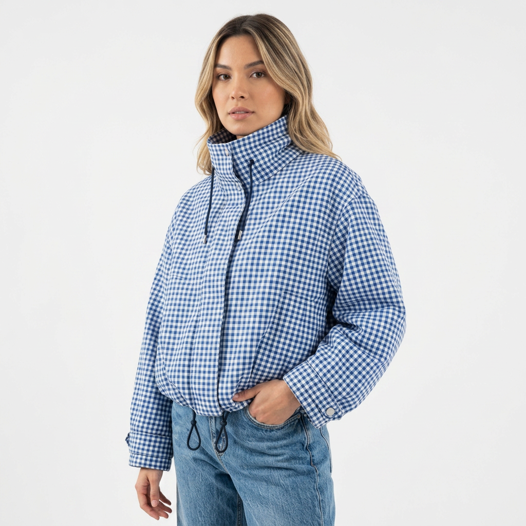 Chaqueta corta de cuadros con cremallera