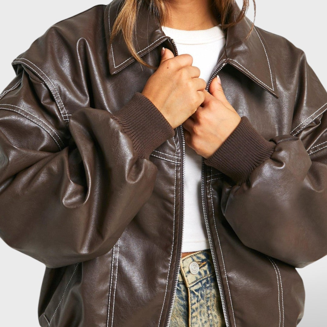 Bomber de cuero retro para mujer