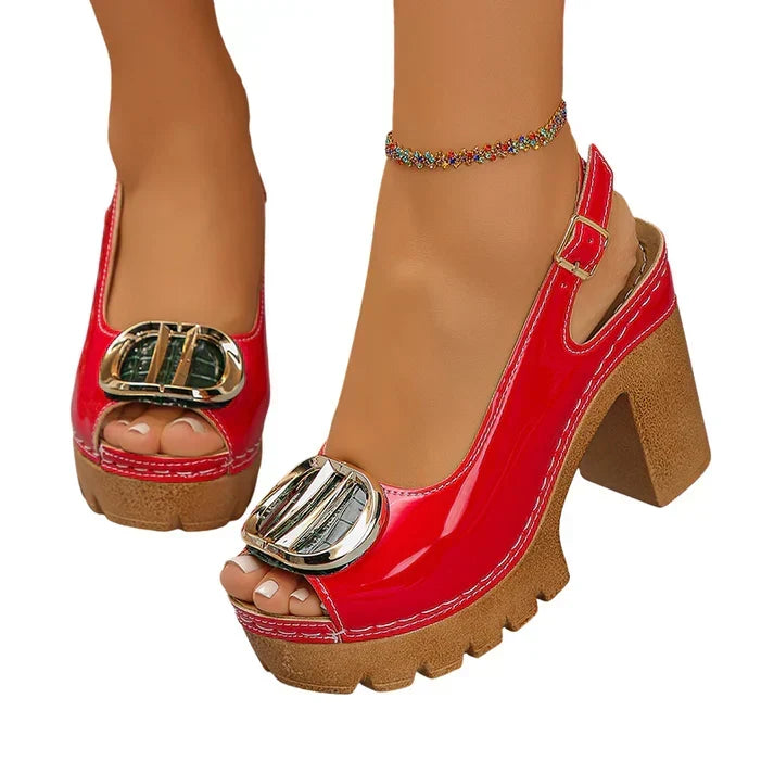 Eva - Sandalias peeptoe de tacón ancho con hebilla metálica