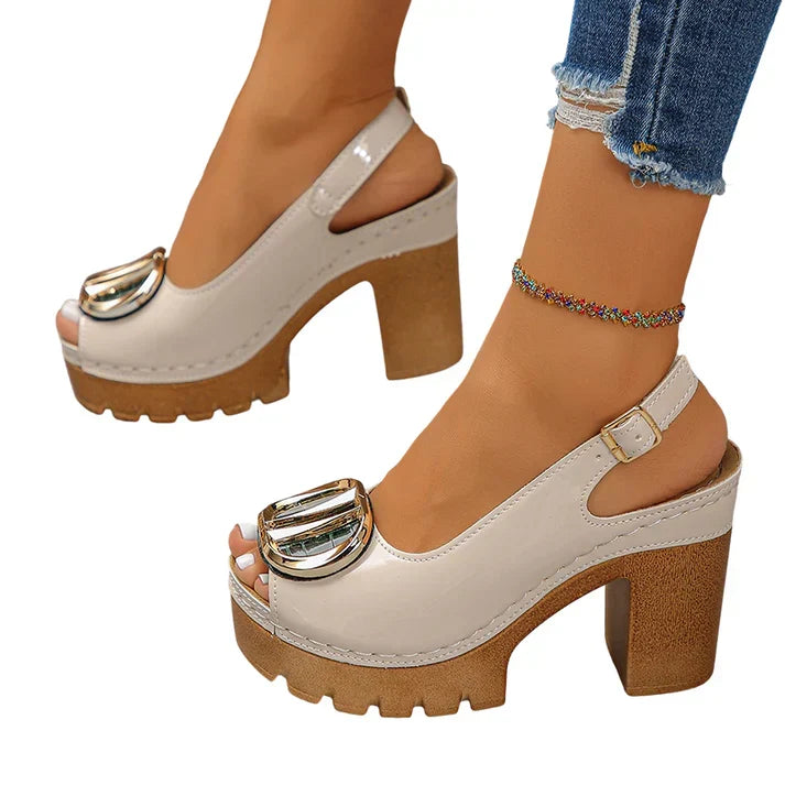 Eva - Sandalias peeptoe de tacón ancho con hebilla metálica